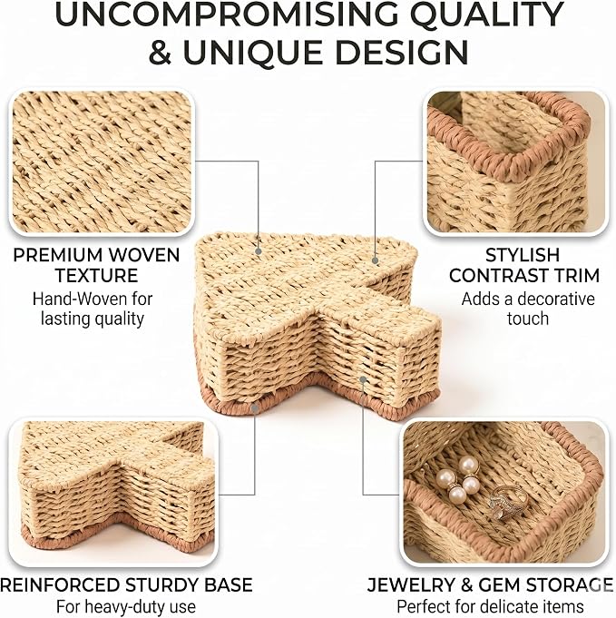 12.4 Inch Wicker Storage Basket - Trapezoid Woven Organizing Caddy for Shelves, Decorative Rattan Bin for Vanity, Kitchen, Bedside Table Essentials