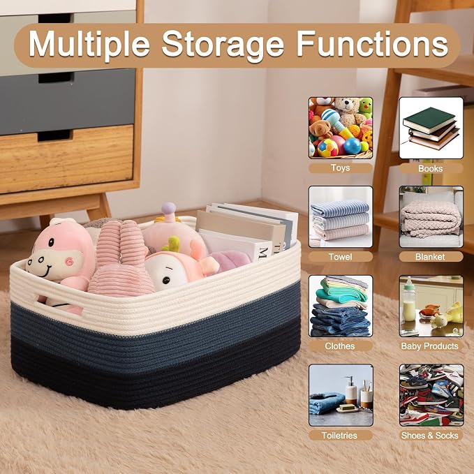 OIASKET Large Storage Basket for Organizing, Woven Rope Basket for Shelves, Closet Organizer Bins for Clothes, Blanket, Toys, Baby Nursery Storage, 17.7" x 13" x 7.87", 2 Packs Gradient Blue