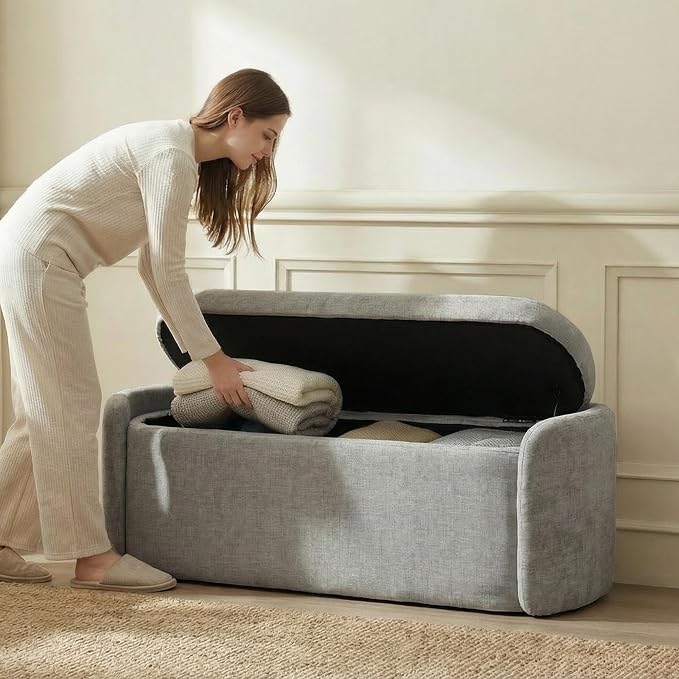 VKNOW 46" Oval Storage Ottoman Bench, Upholstered End of Bed Bench Ottomans Bench Foot Rest, Sherpa Storage Bench for Bedroom, Living Room and Hallway, Light Grey