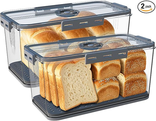 Honbuty 2PCS Bread Boxes,Bread Box for Kitchen Counter Airtight,Time Recording Bread Storage Container with Lid, Bread Keeper for Homemade Bread, Toast, Bagel, Donut and Cookies (Grey)