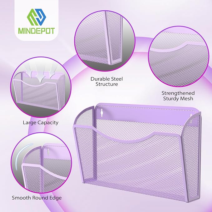 MINDEPOT Wall File Organizer, Hanging Wall File Holder, 3 Pack, Purple | Heavy Duty Iron, Metal Mesh Wall Mount, Single Pocket, Mail Organizer, for Office School Classroom Home, Letter A4 Size