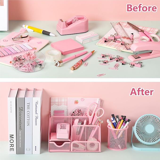 Fayoo 11 Pcs Pink Office Supplies Set Mesh Desk Organizer Accessories Kit | Include Stapler, Tape Dispenser, Staple Remover, Clips, Ruler, Scissors, Sticky Notes, for Office, School, Home, Women