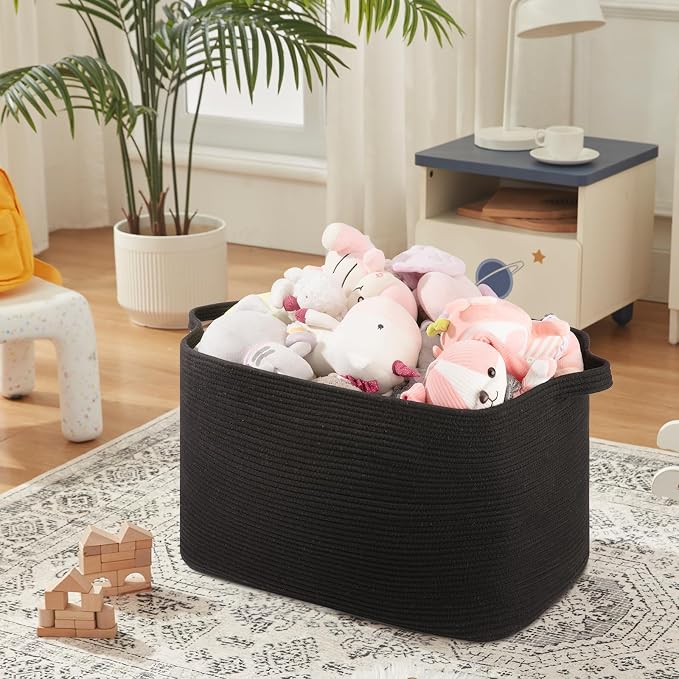 OIASKET 118L Extra Large Blanket Basket, 24.8" x 17.7" x 17.2" Woven Storage Basket for Living Room, Rectangle Nursery Blanket Storage for Toys, Towels, Dirty Clothes (Black)