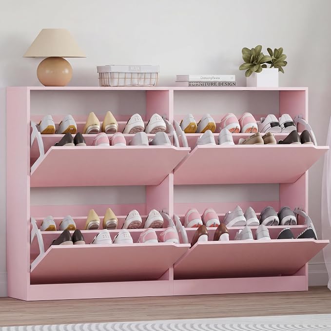 BORNOON Shoe Cabinet with 4 Flip Drawers, Narrow Hidden Shoe Storage Cabinet, Slim Freestanding Shoe Rack Organizer for Entryway, Hallway, Bedroom, Living Room