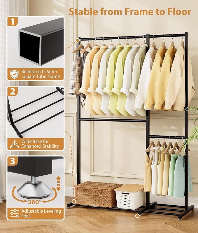 Clothes Rack, Clothing Racks for Hanging Clothes with 4 Hanging Sections, Double Rod Garment Rack with Storage Shelves for Bedroom Living Room 47.2" x 17.7" x 69.9", Black