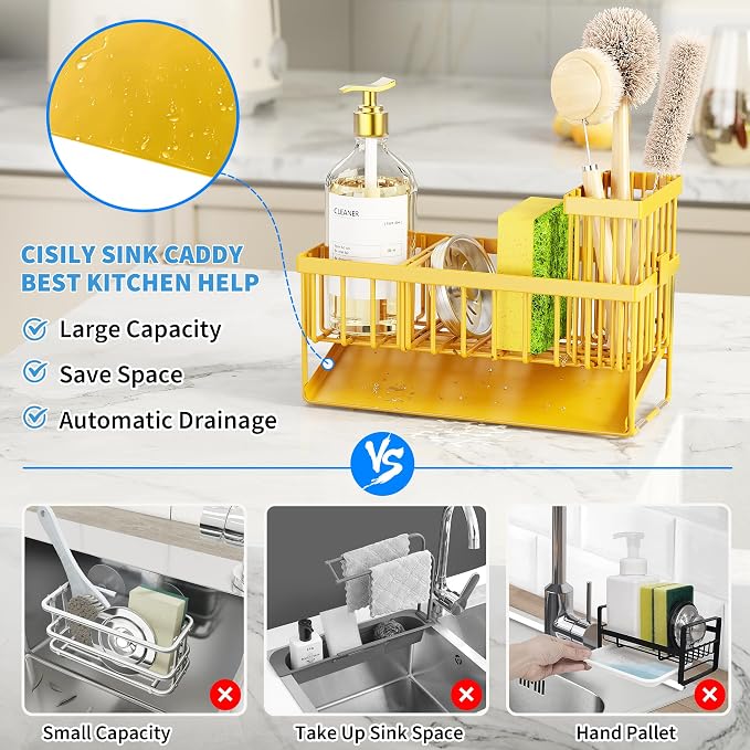 Cisily Lemon Yellow Sink Caddy Organzier with High Brush Holder, Sponge Holder for Sink, 304 Rustproof Stainless, Kitchen Countertop Soap Dispenser Organizer, Lemon Kitchen Decor and Accessories