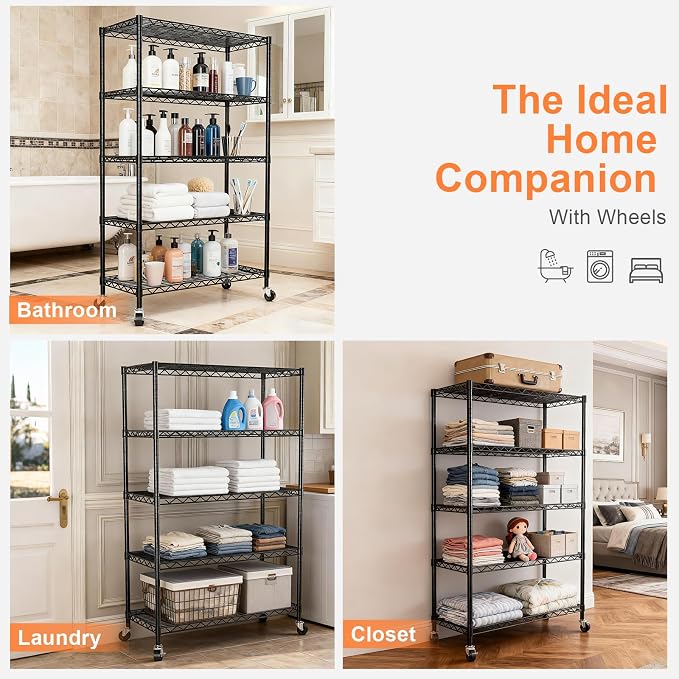 5-Tier Heavy Duty Shelving Unit, Metal Shelving with Lockable Wheels,Black | 30"Wx14"Dx62"H,Wire Shelf Rack,Height Adjustable Metal Storage Shelves Organizer for Kitchen,Garage,Office,Laundry,Pantry