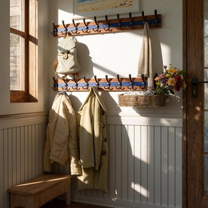 SKOLOO Rustic Coat Rack Wall Mount- 38-1/8" Long Coat Hooks for Wall with 10 Triple Hooks for Hanging Coats, Hats or Tools, Western National Parks Collection, Wood Brown & Blue, Pack of 2