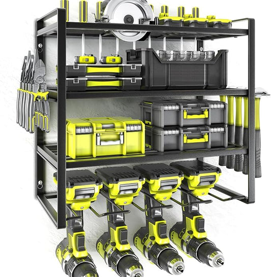 Power Tool Organizer,4 Layer Drill Holders Wall Mount,Heavy Duty Metal Organizers and Storage Rack for Garage Organization,Tools Shelves with Screwdriver Plier/Hammer Holder, Black