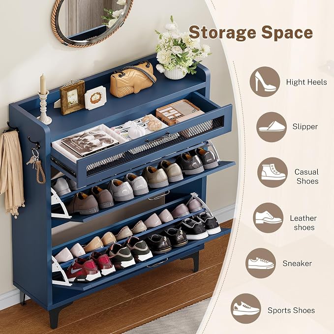 Shoe Cabinet with 2 Flip Drawers & Top Drawer, Farmhouse Narrow Shoe Storage Cabinet with Adjustable Shelves & Hooks, Freestanding Hidden Slim Shoe Rack Cabinet for Entryway, Hallway, Blue
