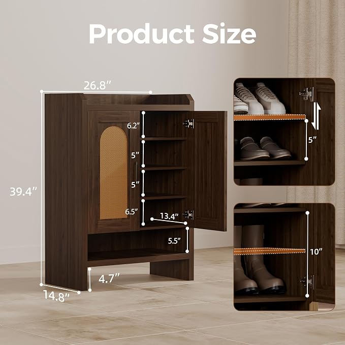 6-Tier Shoe Cabinet Storage for Entryway, Rattan Shoes Organizer Cabinets with Doors, Wooden Shoe Rack, Farmhouse Boho Wood Storage Cabinet (Walnut, 6-Tier)