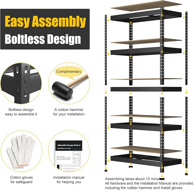 PrimeZone 71"H Storage Shelves, 5 Tier Adjustable Metal Shelf, 4 PCS, Black | 35.5"W x 15.75"D x 71"H, Heavy Duty Metal Connectors, FSC Wood Board, Easy Assembly, Standing Rack for Warehouse, Basement