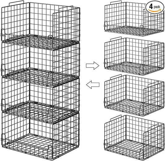 4-Tier Stackable Closet Organizers and Storage Basket - Foldable Closet Shelf Organizer System, Sturdy Metal Space-Saving Clothes Storage Bins for Wardrobe, Black