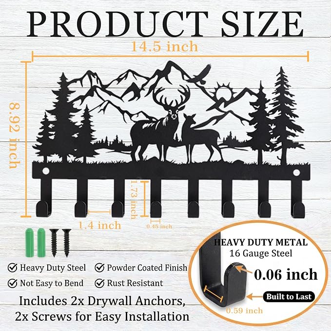 Deer Metal Key Holder for Wall, 14.5" X 8.9", Key Hooks for Wall Organizer, Key Rack, Forest Theme Coat Hat Towel Hooks, Ideal for Living Roo