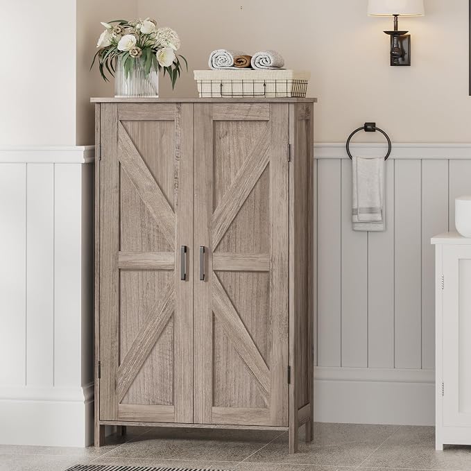 Homleke 43.3" H Farmhouse Bathroom Storage Cabinet with Adjustable Shelves | Freestanding Storage Cabinet with Barn Doors for Bathroom, Kitchen, Living Room, Dining Room & Entryway, Greige