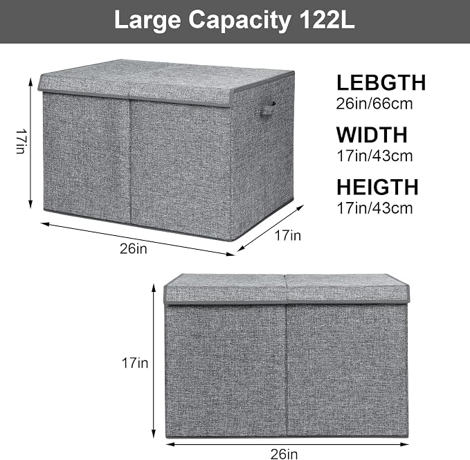 122L Large Toy Box Chest Storage with Lid, Collapsible Kid Toy Storage | Toy Chest with with Removable Divider for Kids, Boys, Girls, Nursery, Living Room, Bedroom, 26"x17" x17" (Linen Gray)