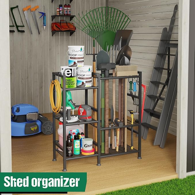 keomaisyto Garden Tool Organizer with Large Hooks, Garage Storage Rack | 3 Tier Yard Tool Holder with 35 Long-Handled Tool Slots, Heavy Duty Garden Tool Rack for Shed, Yard, Garage