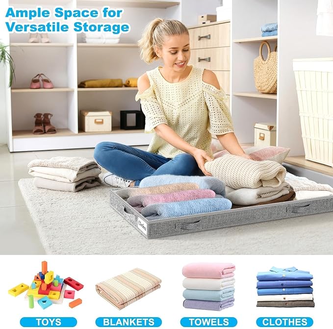 4 Inch Low Profile Under Bed Storage Drawer 2 Pack, Lightweight Underbed Clothes Storage Container Bins With NO STURCTURE, Shallow Storage Bag for Dorm & Home, With Clear Lids & Water-Resistant Fabric