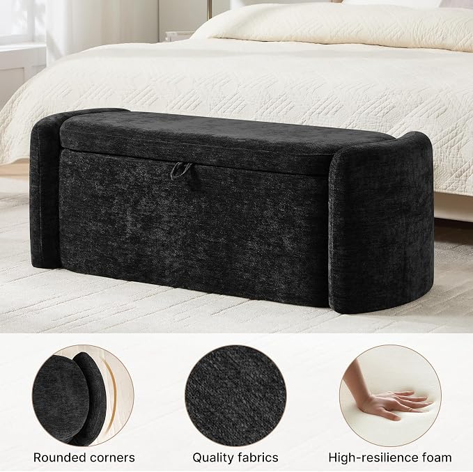 Oval Ottoman Bench with 20 Gal of Storage Space Upholstered Chenille Seat End of Bed Storage Bench Storage Ottoman with Storage for Bedroom, Living Room, Entryway, Window (Black)