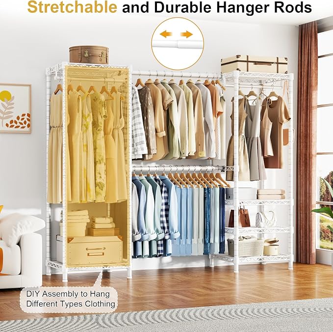 Ulif E7 Heavy Duty Garment Rack, Clothes Organizer and Storage Rack with Expandable Hangers, Metal Clothing Rack with 6 Wire Shelves, (52.3"-72") W x 14.5" D x 71.2" H, Load 838 LBS, White | Freestanding Closet System with 2 Extendable Rods and 6 Shelv...