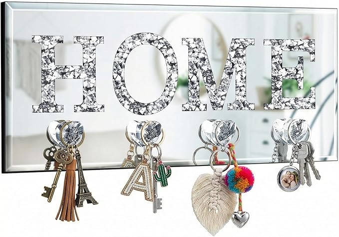 Yalikop Keys Holder on Wall Crush Diamond Mirrored Home Letter Plaque Sign Wall Mounted Clear Heart Shape Hooks Key Hanger Christmas Gift Door Bookshelf Decorative