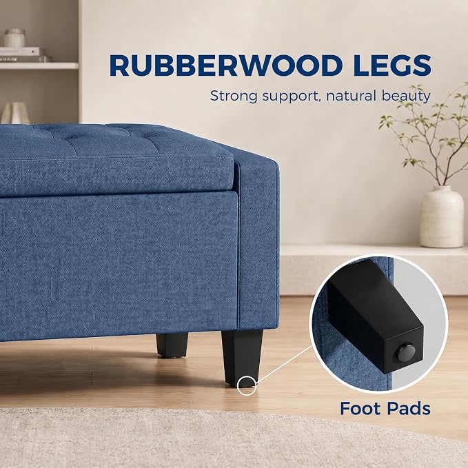HOMCOM 36.6" Tufted Fabric Rectangular Storage Ottoman Bench Blue | With Armrests, Wooden Legs, Holds up to 528 lbs, for Entryway Living Room Bedroom