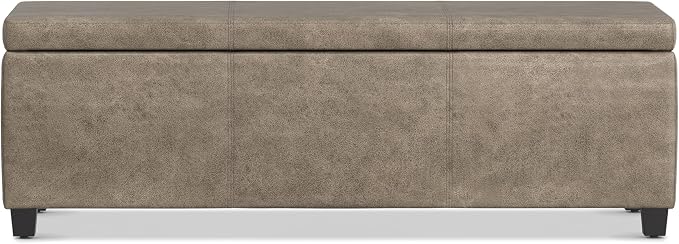 SIMPLIHOME Avalon Storage Ottoman Bench - 48" Wide x 16" High Upholstered Vegan Leather Rectangular Lift-Top Ottoman in Distressed Smoky Grey Brown, Transitional Storage Bench with High-Density Foam