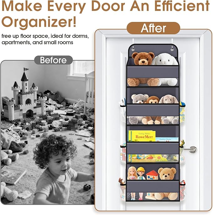 Over The Door Organizer Storage behind Door Hanging Organizer for Nursery | 4 Tier, 6 Side Pockets, Clear Window, Sturdy Construction, Space-Saving Storage for Closet, Bedroom, Bathroom & Nursery