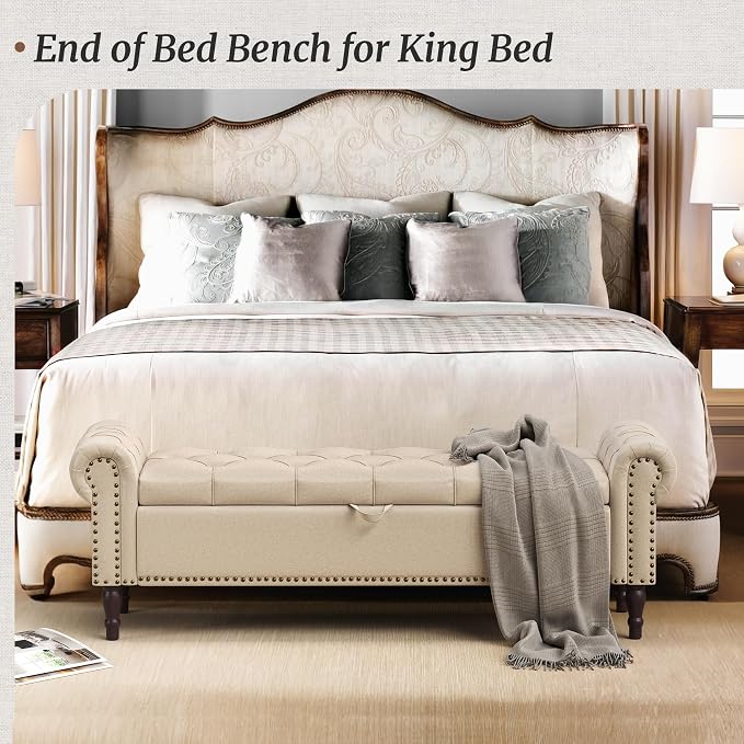 Storage Bench Ottoman, 61" Long King Linen Rolled Arm Bedroom End of Bed Bench, Window Bench with Button Tufted and Nailhead Trim for Foot of Bed Bench, Bedroom, Entryway, Living Room, Wheat