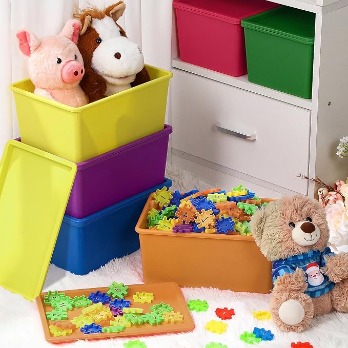 6 Pcs Storage Bins with Lids Small Plastic Storage Containers Stackable Storing Baskets Box Cute Organizer Bins for Organizing Shelves (Colorful)