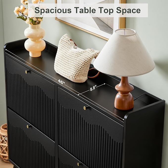 BERRYMERRY Black 47.2” Shoe Storage Cabinet with 4 Flip Drawers | narrow,entryway,adjustable feet,32 pairs shoe,shoe organize,hidden shoe rack,fluted panel,wave pattern,wood,space saving