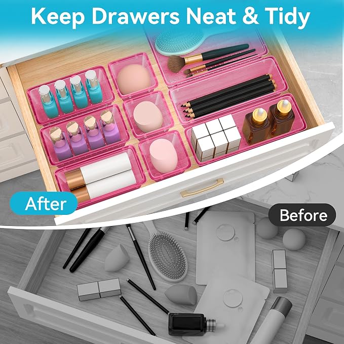 12 PCS Drawer Organizer Set, Makeup Organizers, Tool Storage Trays, Pink | 4 Sizes, Plastic, Stackable, Multiple Gadgets, Desk Drawer Divider Organizers, for Makeup, Office Supplies Storage