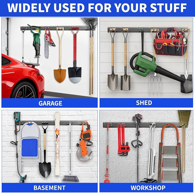 Tool Organizer Wall Mount, 32inch Heavy Duty Garden Tool organizer Storage System, Easy Install With 6 Adjustable Hooks, For Garage, Basement, Shed, Workshop(Black)