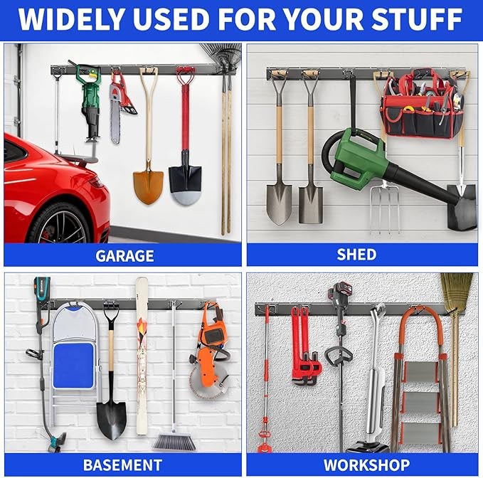 Garden Tool Organizer Wall Mount, 48inch Heavy Duty Garden Tool organizer Storage System, Easy Install With 7 Adjustable Hooks, For Garage, Basement, Shed, Workshop(Black)