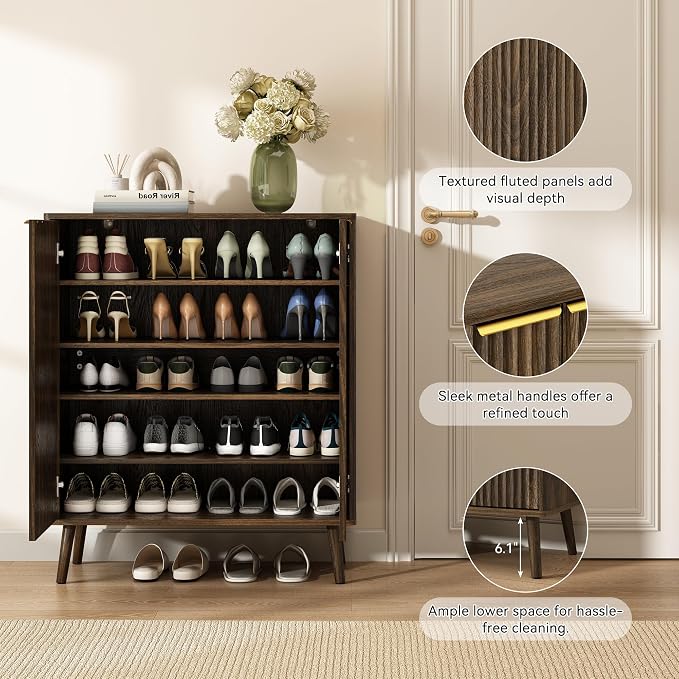 Fluted Shoe Cabinet with Doors, 5-Tier Shoe Storage Cabinet with Adjustable Shelves, Wooden Freestanding Shoe Organizer Shoe Cabinet for Entryway,Hallway,Living Room,Walnut