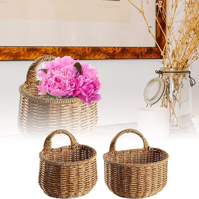 Woven Hanging Wicker Basket, Handmade Rattan Hanging Wall Basket (S+L) | Decorative Basket | Small Woven Basket | Small Wicker Basket for Garden Farmhouse Home Decor