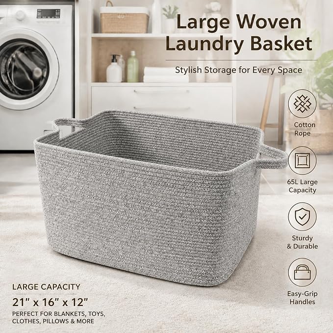 65L Collapsible Woven Rope Laundry Basket with Handles, Grey | 21x16x12 Foldable Rectangular Blanket Basket for Toys, Clothes & Pillows,Ideal for Nursery, Bathroom, Bedroom, Living Room