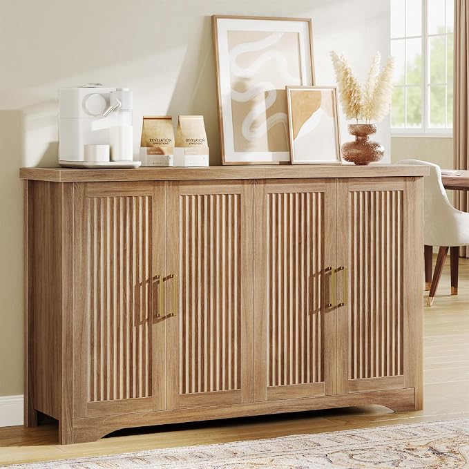 55" Fluted Sideboard Buffet Cabinet with Storage,Natural Oak | Modern Credenza with 4 Doors & Adjustable Shelves,Coffee Bar Table Console for Dining Room Kitchen Living Room Entryway