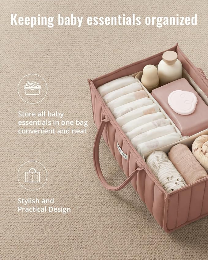 Blissful Diary Baby Diaper Caddy Organizer, Stylish Storage Basket for Newborn Essentials and Diaper Station, Gift for Baby Shower and Registry Must-Have, Blush Pink
