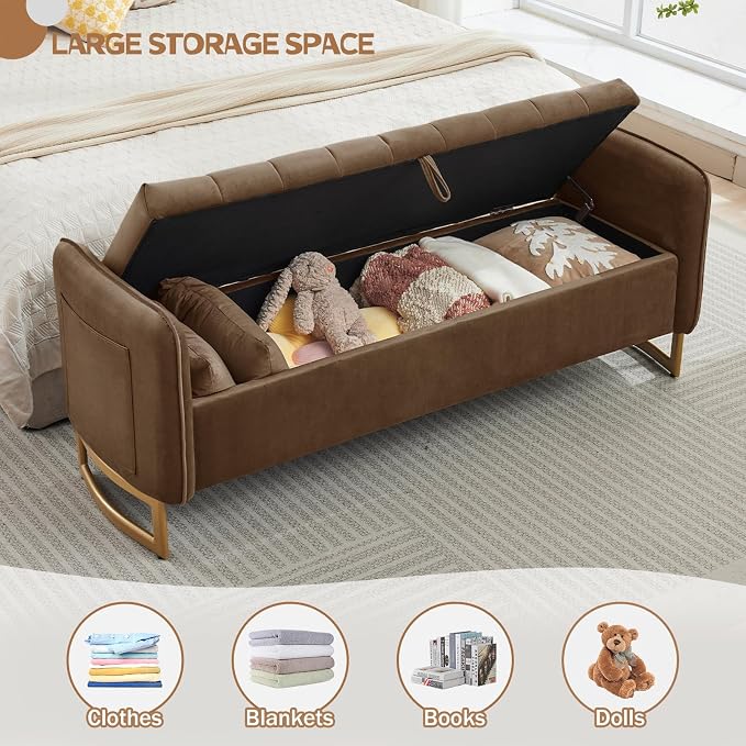 66'' King Size Storage Bench for Bedroom, Teddy Boucle End of Bed Benches for Foot of Bed, Storage Ottoman Bench with Golden Legs and Pockets for Living Room Window Entryway, Blrown