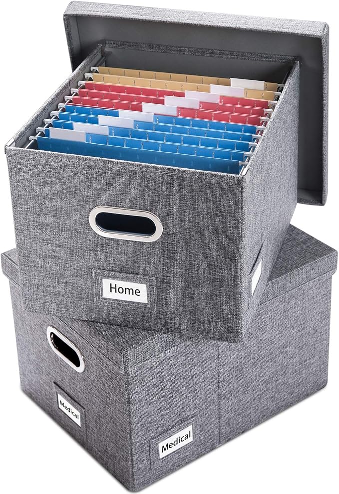 File Organizer Box - Set of 2 Collapsible Decorative Linen Filing Storage Hanging File Folders with Lids Office Cabinet Letter/Legal Size Grey (17x14x11.2 inch)