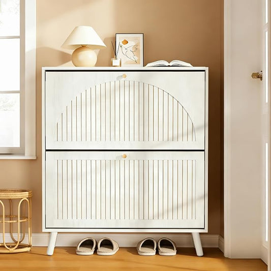 Fsbecl Shoe Storage Cabinet for Entryway with 2 Flip Drawers, Narrow Wood Shoe Cabinet with Fluted Panel, Freestanding Hidden Shoe Organizer for Hallway