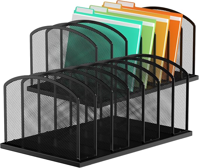 MINDEPOT Desk File Organizer 7 Sections Upright Mesh File Sorter Organizer for Desk, Office Organization File Holder for Home, Office & Classroom (Black, 2Pack)