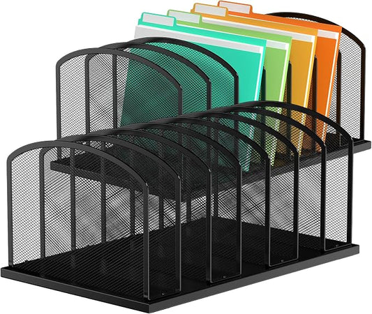 MINDEPOT Desk File Organizer 7 Sections Upright Mesh File Sorter Organizer for Desk, Office Organization File Holder for Home, Office & Classroom (Black, 2Pack)