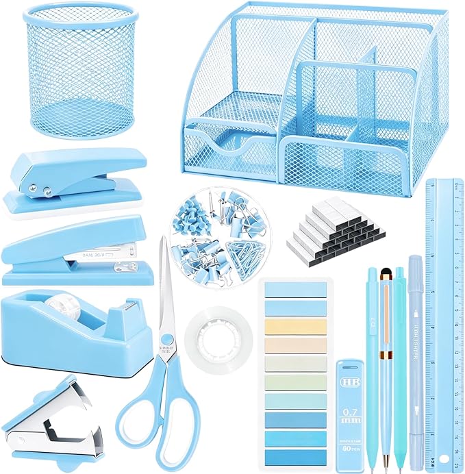 Blue Office Supplies, 17Pcs Blue Desk Accessories Set Include Stapler, Mesh Desk Organizer, Tape Dispenser, Staple Remover, Pen Holder, Clips, Pens, Ruler, for Office Home School Women Students Gift