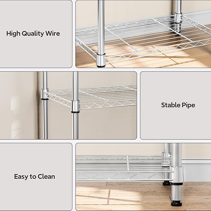 M MZG 3 Tiers Shelf Metal Storage Shelves Wire Rack Closet Organizers with Wheel for Garage Kitchen Bathroom Laundry Chrome 11.8" D x 17.7" W x 28.8" H