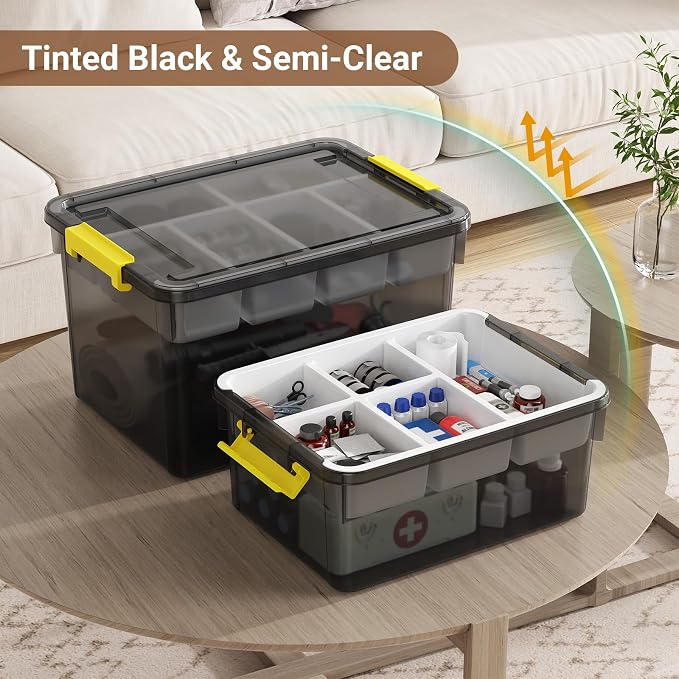 40Qt Stackable Storage Bins with Lid Tray Craft Box Organizer, 1Pack,GY | Clear Plastic Latching Boxes Organizers with Dividers Portable Containers for Arts & Crafts, Home Office Classroom Car Trunk