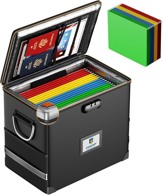 Fireproof File Organizer with Lock, Hard Safe Document Box, Black | Includes 10 Hanging File Folders for Letter Size, Filing Cabinet with Fireproof Zippers & Threads, 0.58 Cubic Feet