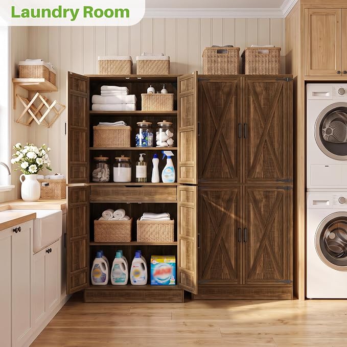 Unikito 71" Tall Kitchen Pantry Storage Cabinet with Built-in Drawer | 31.5" Wide Wood Farmhouse Storage Cabinet with Barn Doors and 3 Shelves, for Home Kitchen,Dining/Living/Laundry/Room