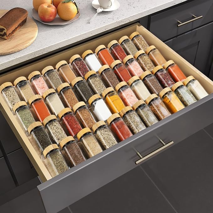 Spice Drawer Organizer 4 Tier, Acrylic Seasoning Organizer Rack, Small | Clear Spice Rack Tray, Kitchen Seasoning Jars Drawers Insert (Jars Not Included/ Expandable From 9" to 18")
